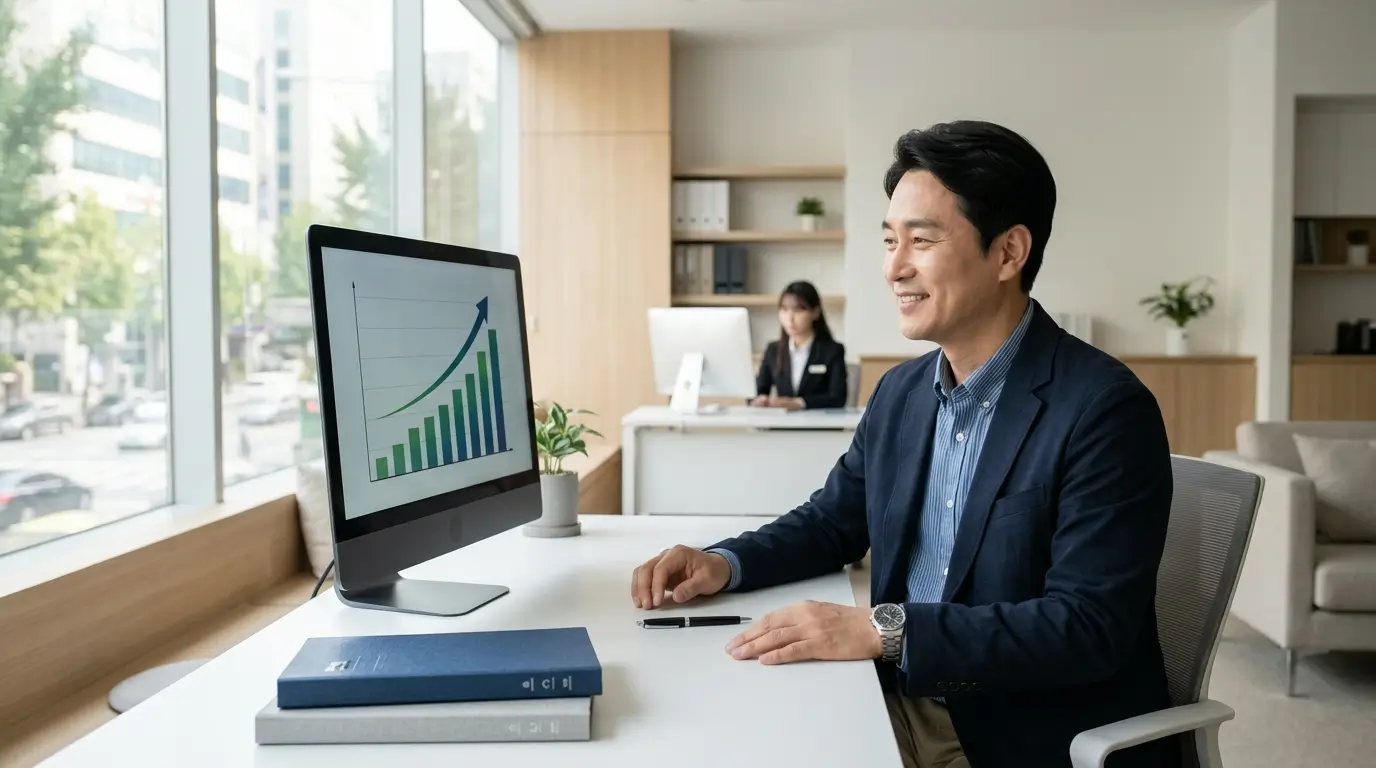 현대적인 인테리어의 한국 금융 사무실 데스크에서 금융 소비자가 수수료 폭리를 방어하기 위해 공인 핀테크 플랫폼의 안전망 한도를 직접 비교하는 장면