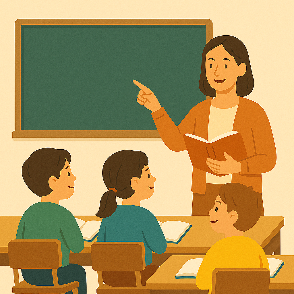 플랫 스타일 일러스트: 교실 앞 칠판 옆에서 책을 든 방과후지도사가 밝게 웃으며 설명하고 있고, 앞에는 책상에 앉아 선생님을 바라보는 남학생 두 명, 여학생 한 명 등 세 명의 아이들이 공부 자료를 펴고 경청하는 모습.
