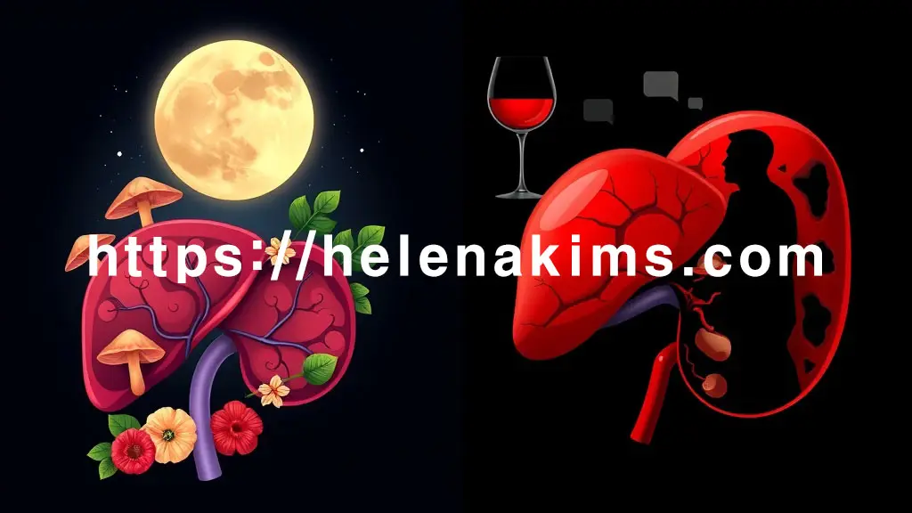 중앙에 인간 간의 그래픽. 왼쪽은 활기차고 깨끗한 간에 신선한 버섯, 오미자 열매, 편안한 수면의 달이 떠 있다. 오른쪽은 붉고 탁한 간에 술잔, 지방 덩어리, 피곤한 사람 실루엣 이미지.