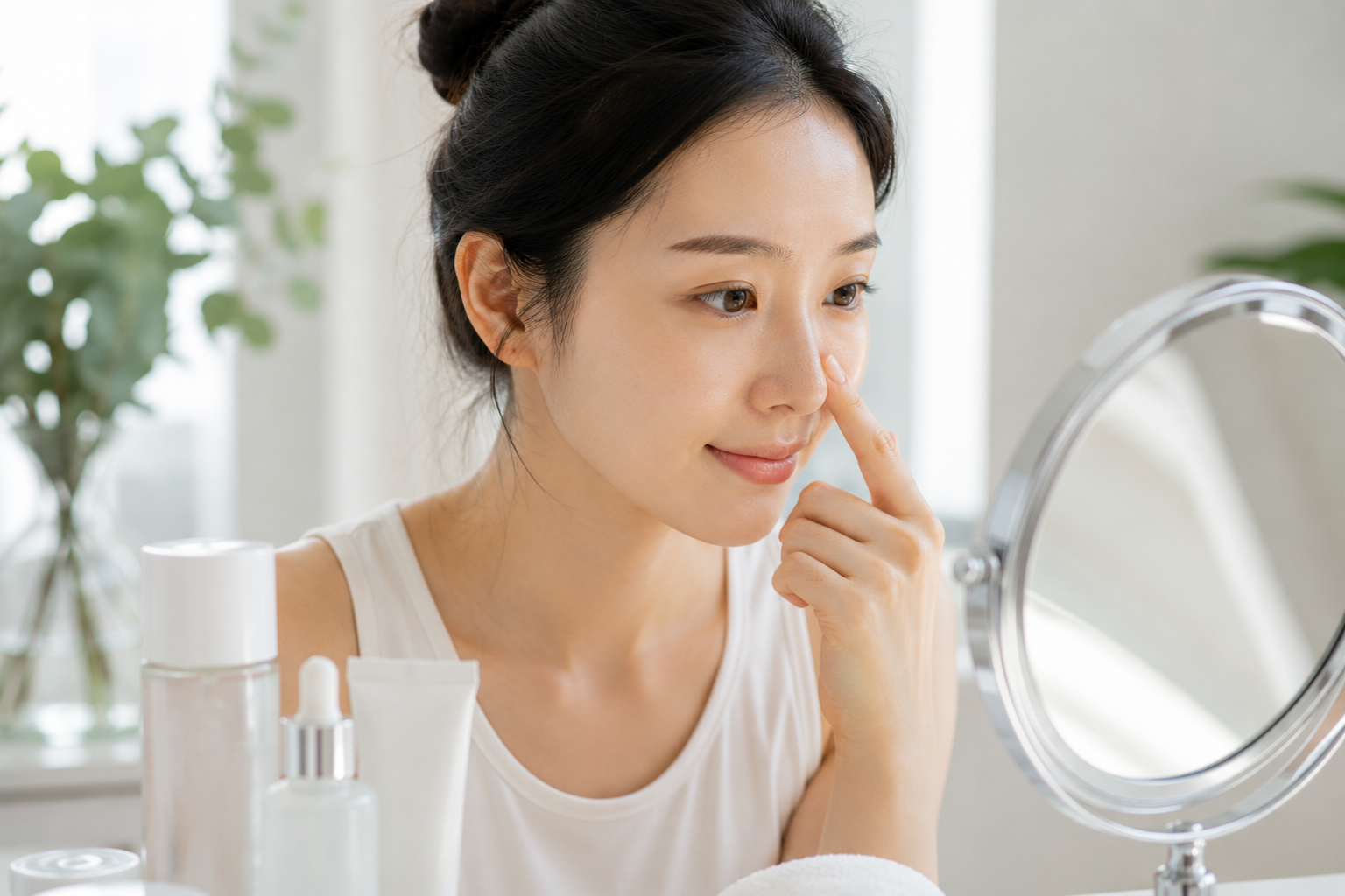거울 앞에서 피부를 부드럽게 확인하며 자극 없이 관리하는 느낌