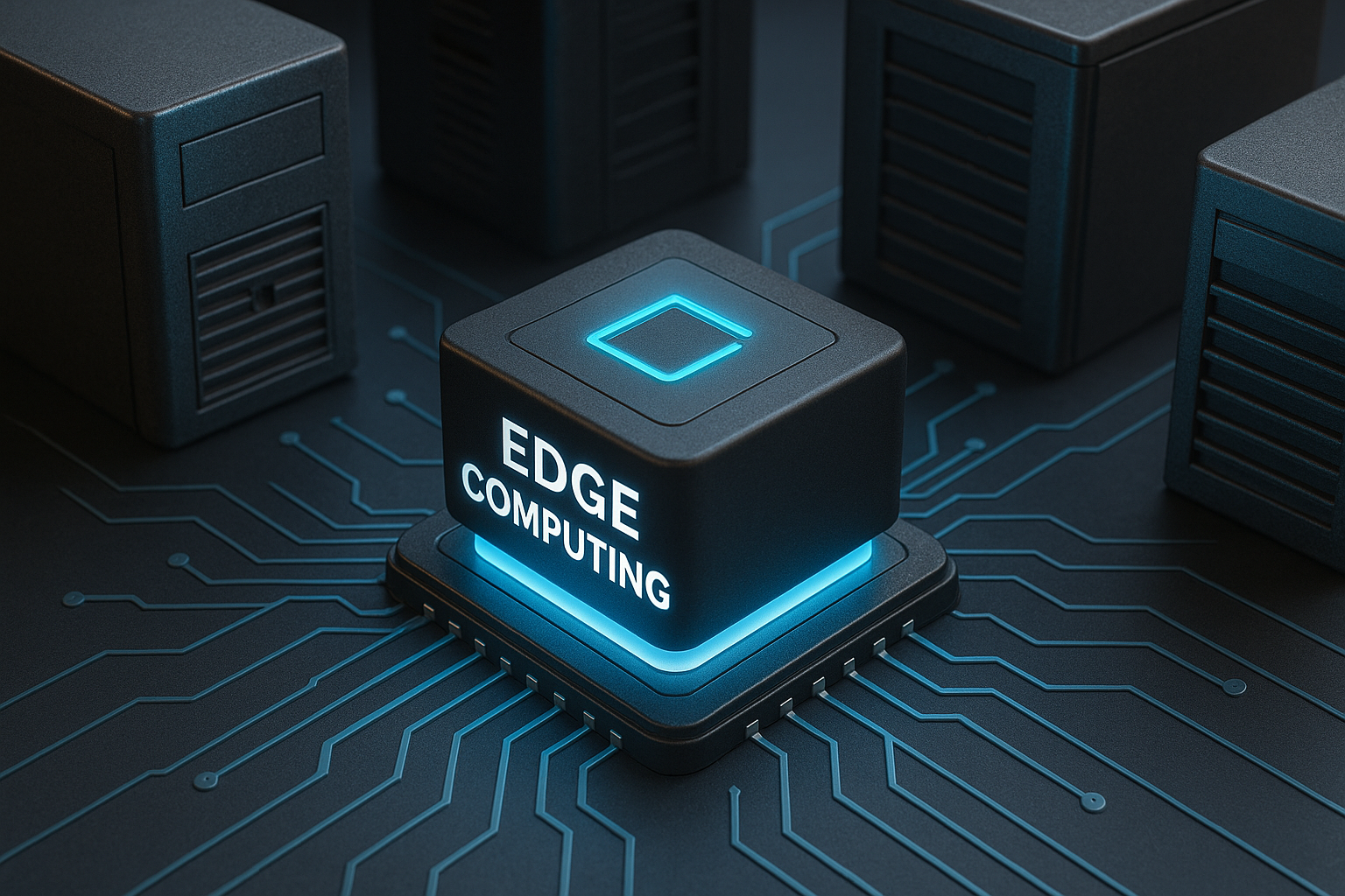 보드위에 엣지 컴퓨팅을 이미지화 한 칩이 얹혀있는 모습을 형상화한 그림