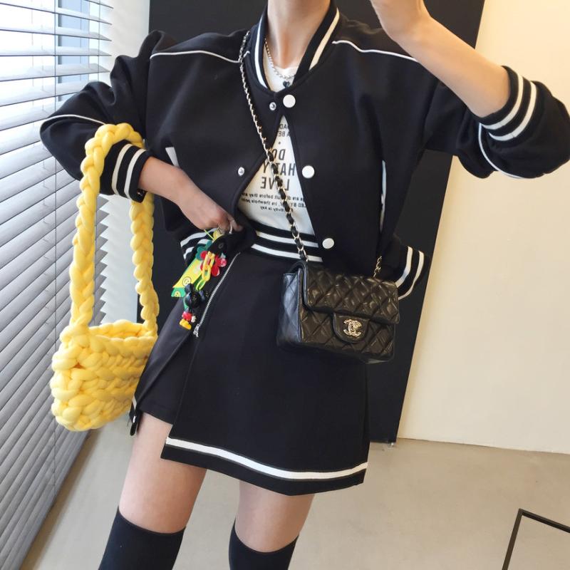 걸스 배색 야구점퍼 트임 지퍼 밴딩 미니스커트 투피스세트