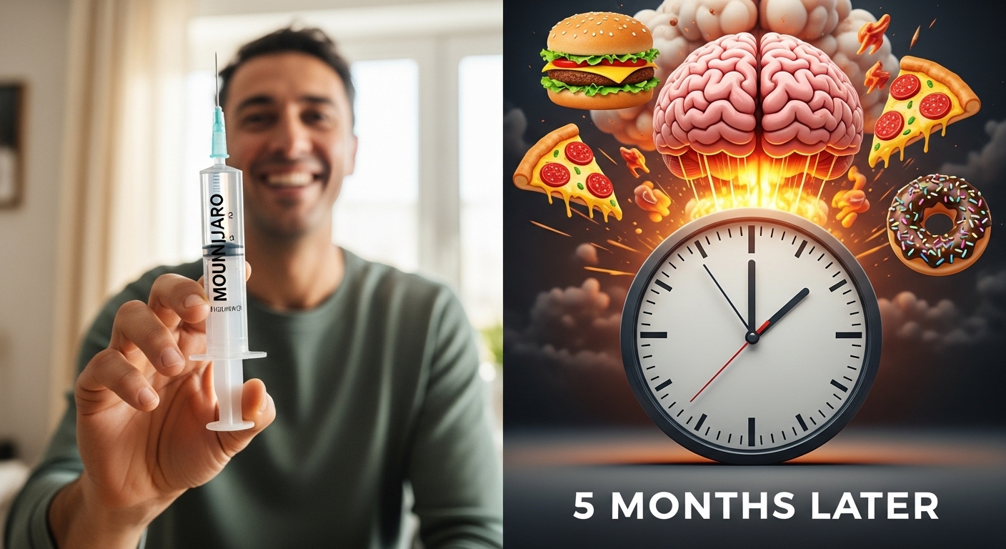 '마운자로 주사기'를 든 손과, 5개월 뒤 다시 '식욕 괴물'이 되어 햄버거를 탐하는 뇌의 모습
