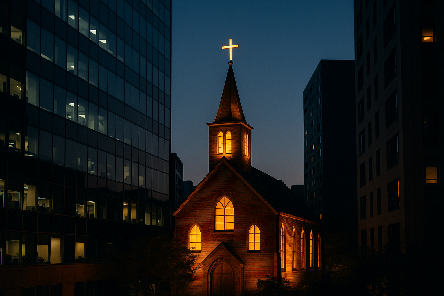 “도심 속 빌딩 사이에 자리한 작은 교회. 어두운 밤하늘 속에서도 창문에서 따뜻한 불빛이 흘러나와 예배와 기도의 등불을 상징하는 모습”