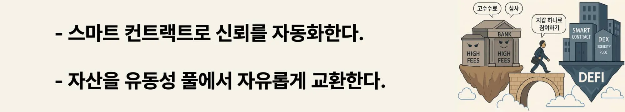 ‘스마트 컨트랙트로 신뢰를 자동화한다’라는 문구가 포함된 웹배너 이미지. 이 이미지는 유동성 풀에서 자산을 자유롭게 교환하고 신뢰를 자동화하는 DeFi 시스템의 작동 원리를 설명하며, 블로그의 ‘DeFi 기술 구조’에 대한 설명 섹션과 관련된 내용을 설명함 (DeFi mechanism, smart contracts, liquidity pool)