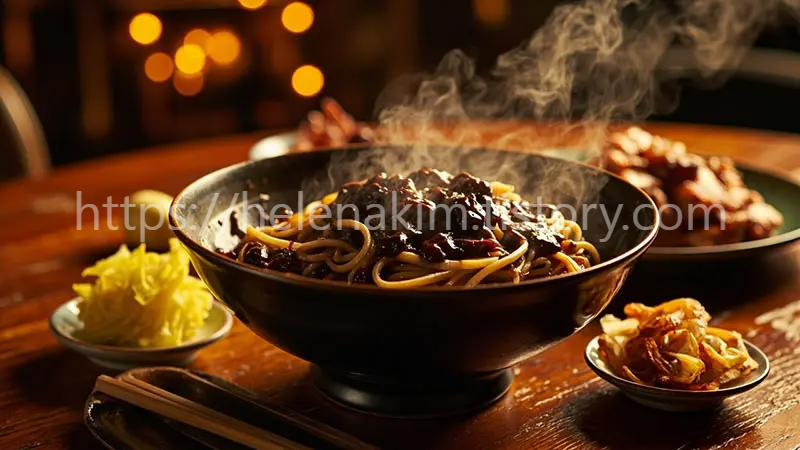 따뜻한 짜장면이 담긴 그릇과 단무지와 양파가 있는 식탁 이미지.