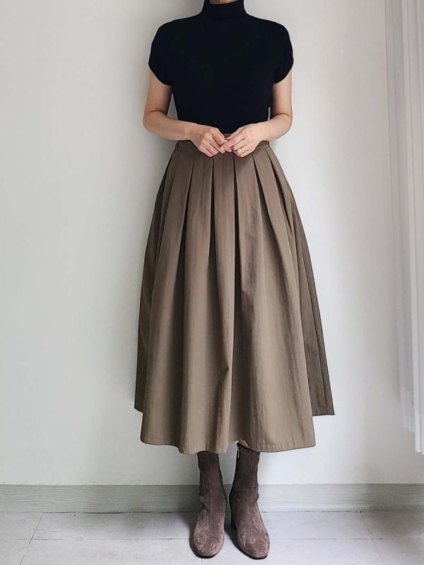 바스락원단 핀턱 햅번 a라인 롱 플레어 스커트
