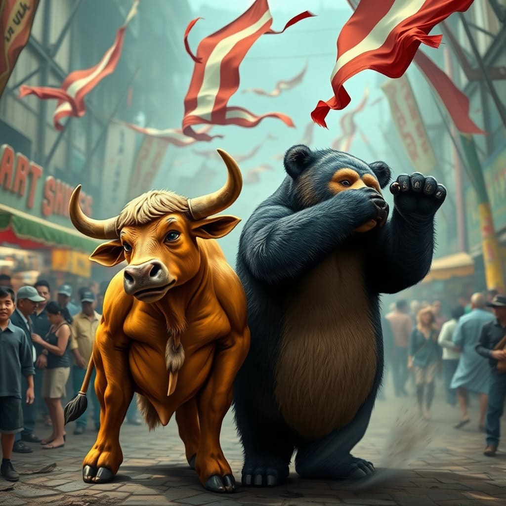 황소와 곰 캐릭터가 서 있는 시장 배경에 정치인의 연설이나 정책 발표를 상징하는 '바람'이 불어와 캐릭터들이 불안정하게 흔들리거나 쓰러지려는 모습을 묘사합니다. 바람의 방향이나 세기를 통해 정치적 이벤트의 영향력을 표현합니다.