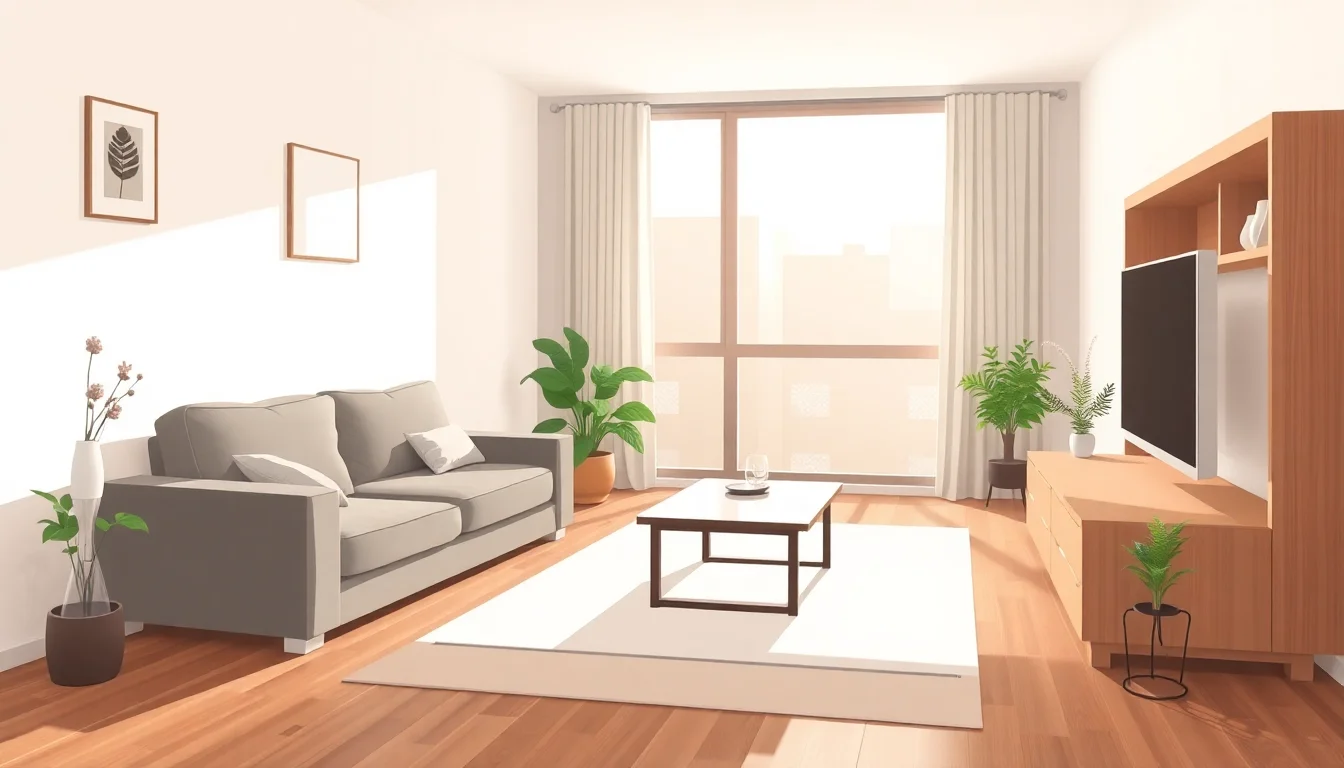 햇살 가득한 거실, 소파, TV, 창문, 화분.