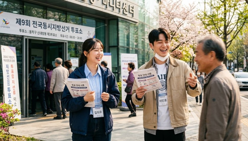 2026년 현대적인 대한민국 투표소 앞에서 밝게 웃으며 안내 서류를 들고 있는 20대 남녀 선거 알바생