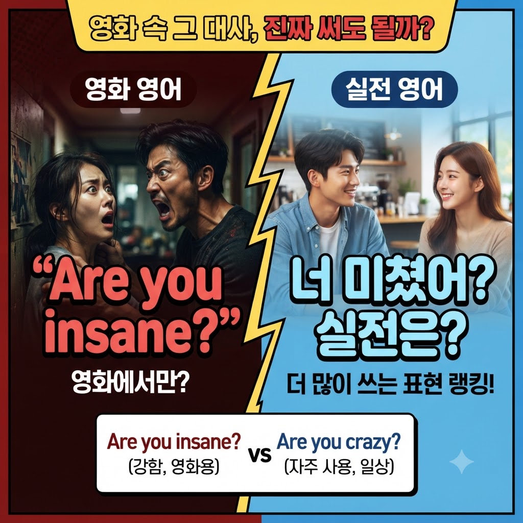 영화 영어 표현 Are you insane?과 실전 영어 표현 너 미쳤어?, Are you crazy?의 차이를 비교하는 블로그 썸네일 이미지