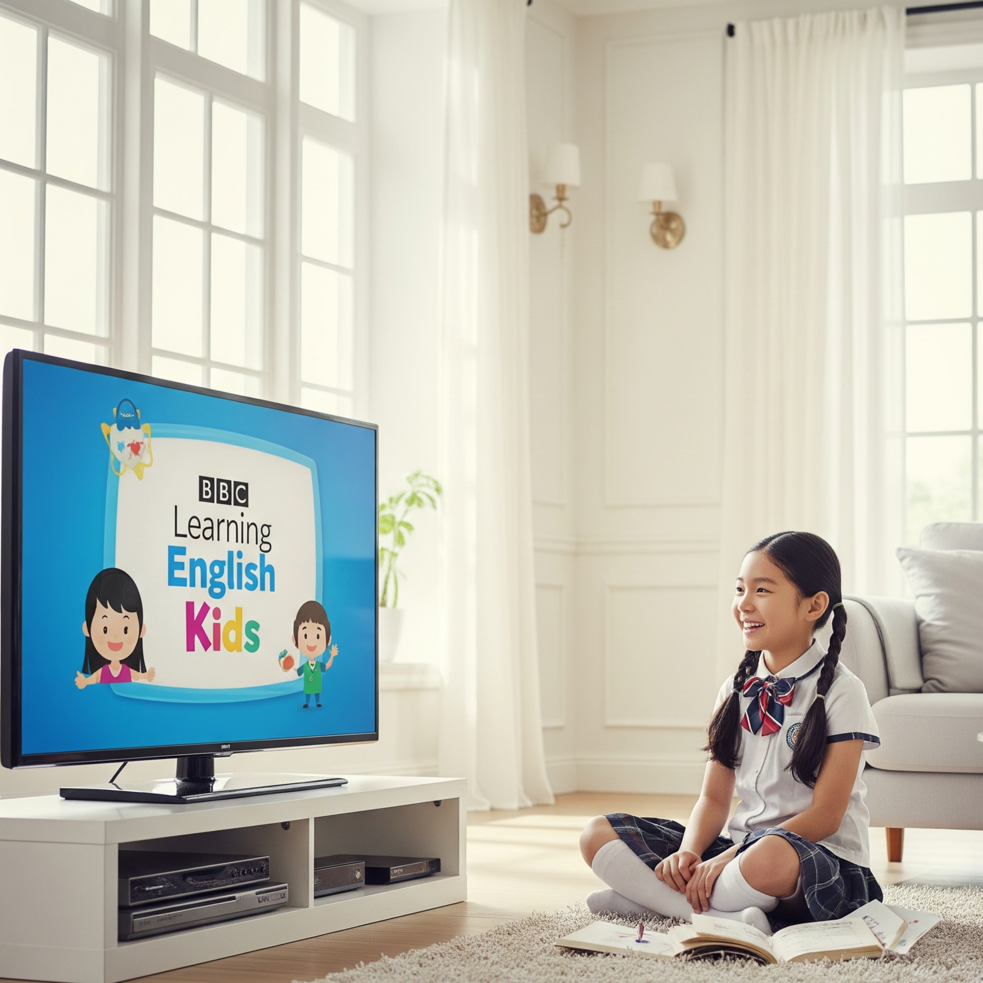 TV로 BBC를 보고 있는 한국 초등학생