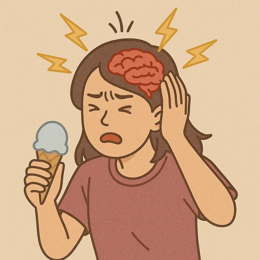 아이스크림을-먹다-갑작스러운-두통으로-머리를-잡고-고통스러운-표정을-짓는-여성-머리-위-번개와-붉은-뇌로-통증-강조