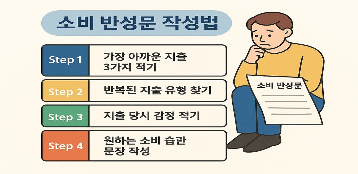 소비 반성문을 작성하기 위한 4단계(아까운 지출 정리, 반복 지출 유형 찾기, 감정 회고, 원하는 소비 습관 문장 작성)를 요약한 인포그래픽
