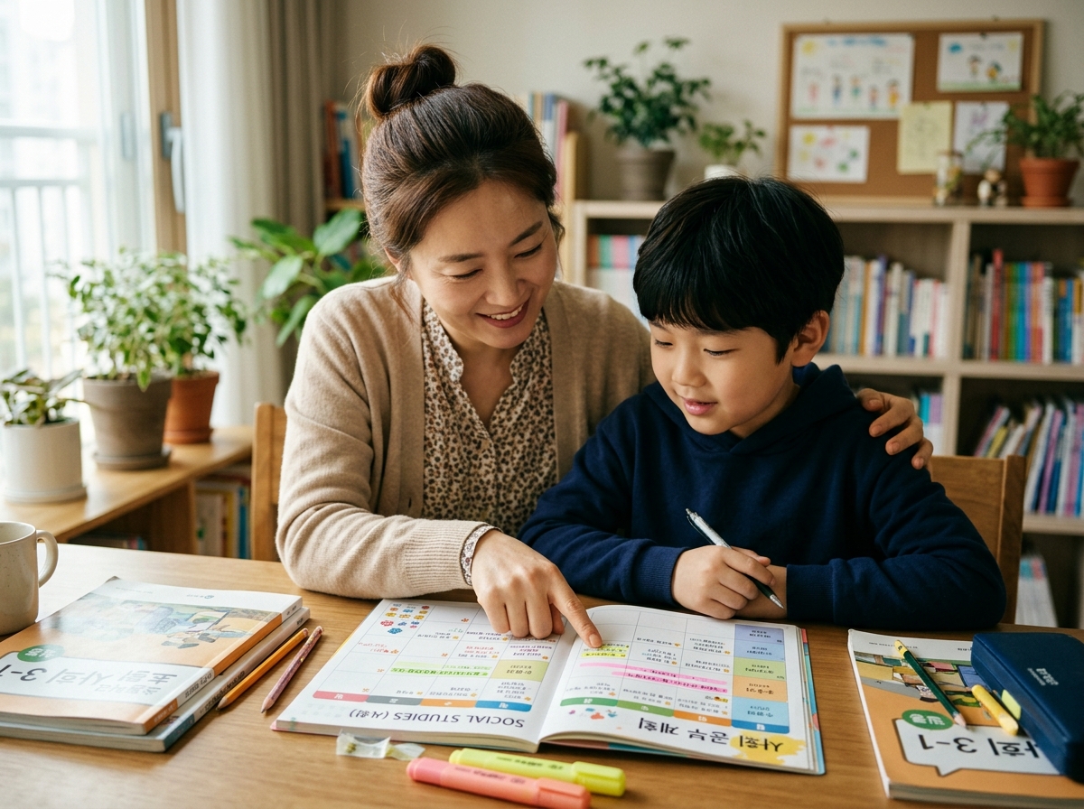 학부모와 초등학생 자녀가 사회 학습 주간 계획표를 보며 대화하는 모습