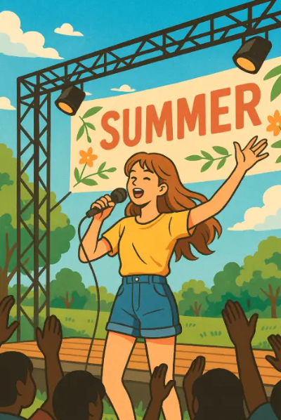 여름 음악공연하는 여자와 관객들