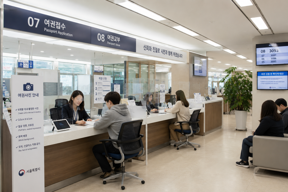 전국 여권 민원실에서 여권을 신청하는 모습