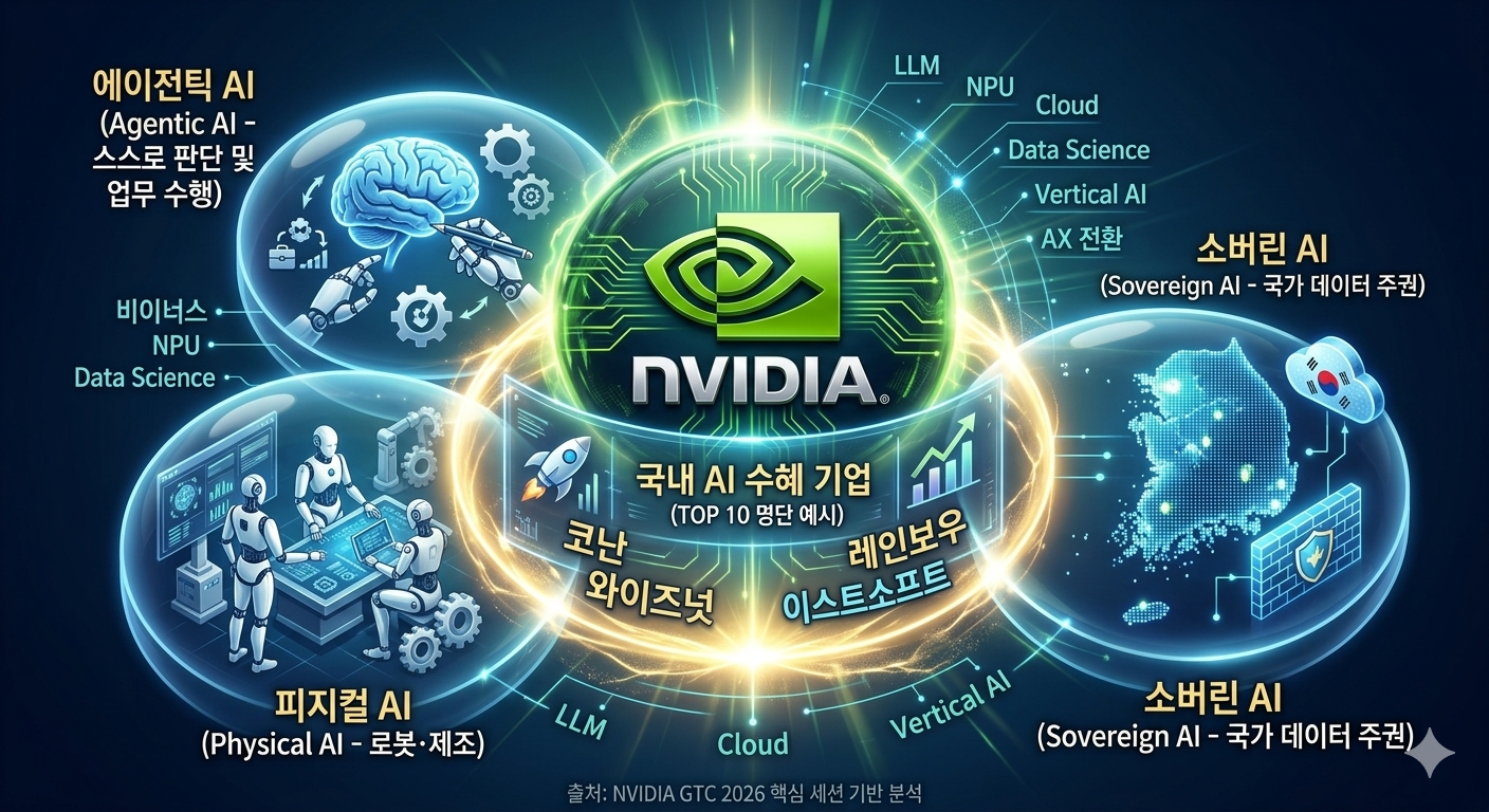 엔비디아 GTC 2026의 핵심 테마인 피지컬 AI, 에이전틱 AI, 소버린 AI의 융합과 국내 AI 기업 수혜 인포그래픽