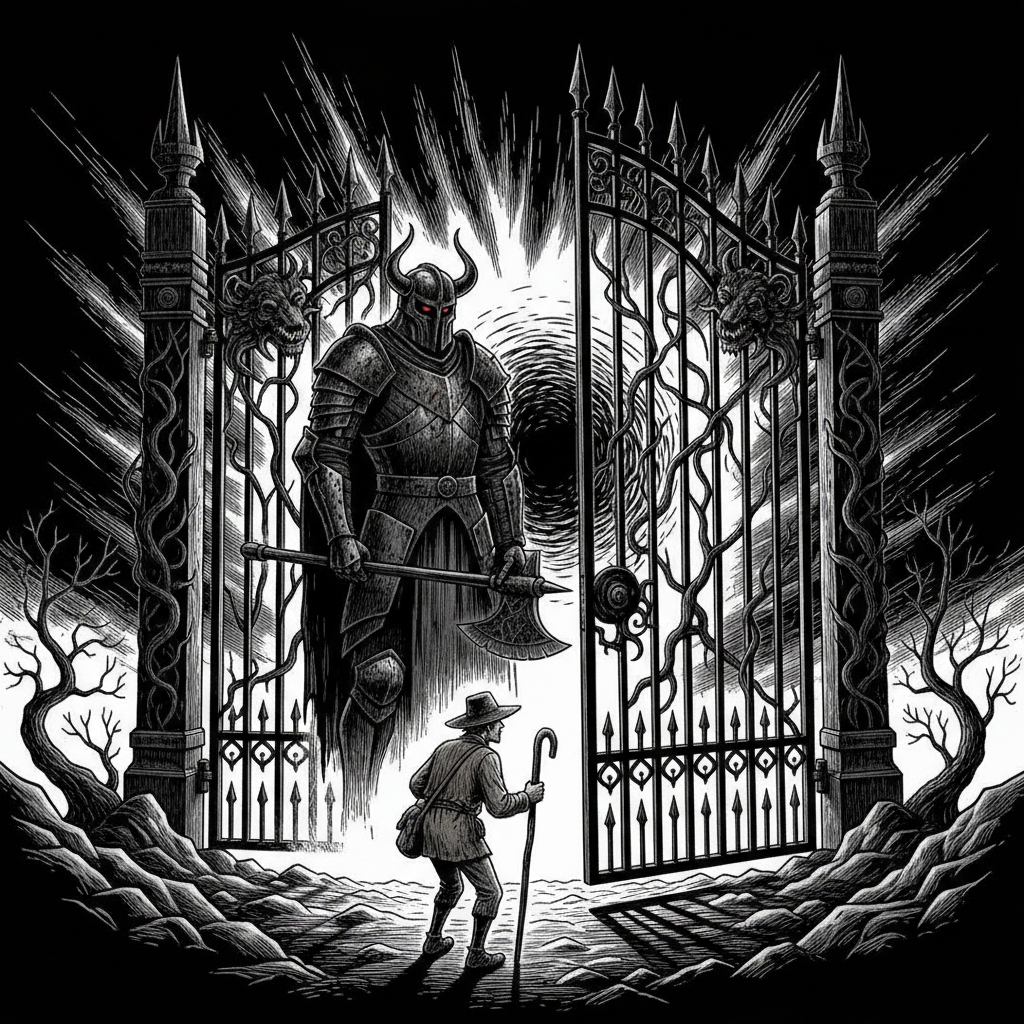 법의 문 앞을 지키는 문지기와 기다리는 시골 사람 우화 삽화