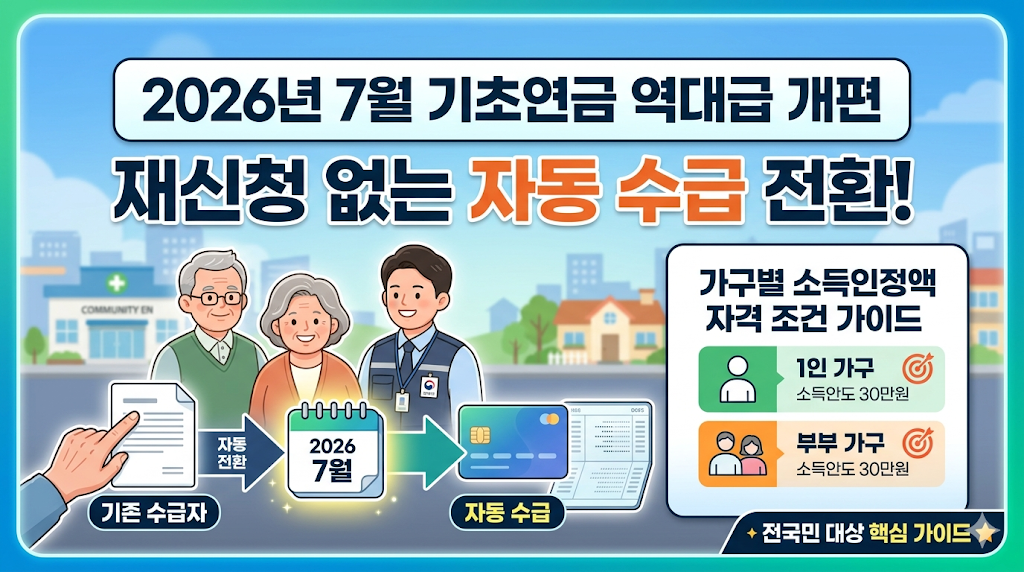 2026년 7월 기초연금 역대급 개편: 재신청 없는 자동 수급 전환 및 가구별 소득인정액 자격 조건 가이드