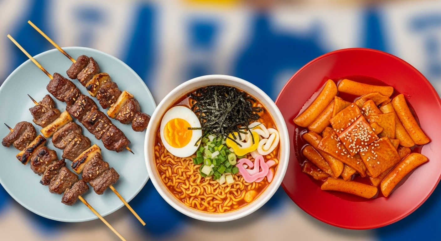 한국 지역 축제에서 인기 있는 바비큐, 라면, 떡볶이 등 다양한 길거리 음식을 한데 모아 놓은 모습, 풍성한 미식 경험을 상징한다.