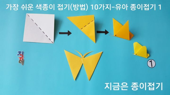 유아 종이접기 활동으로 할 수 있는 쉬운 색종이 접기 방법 10가지 중 나비 접기 설명에 대한 모양입니다.