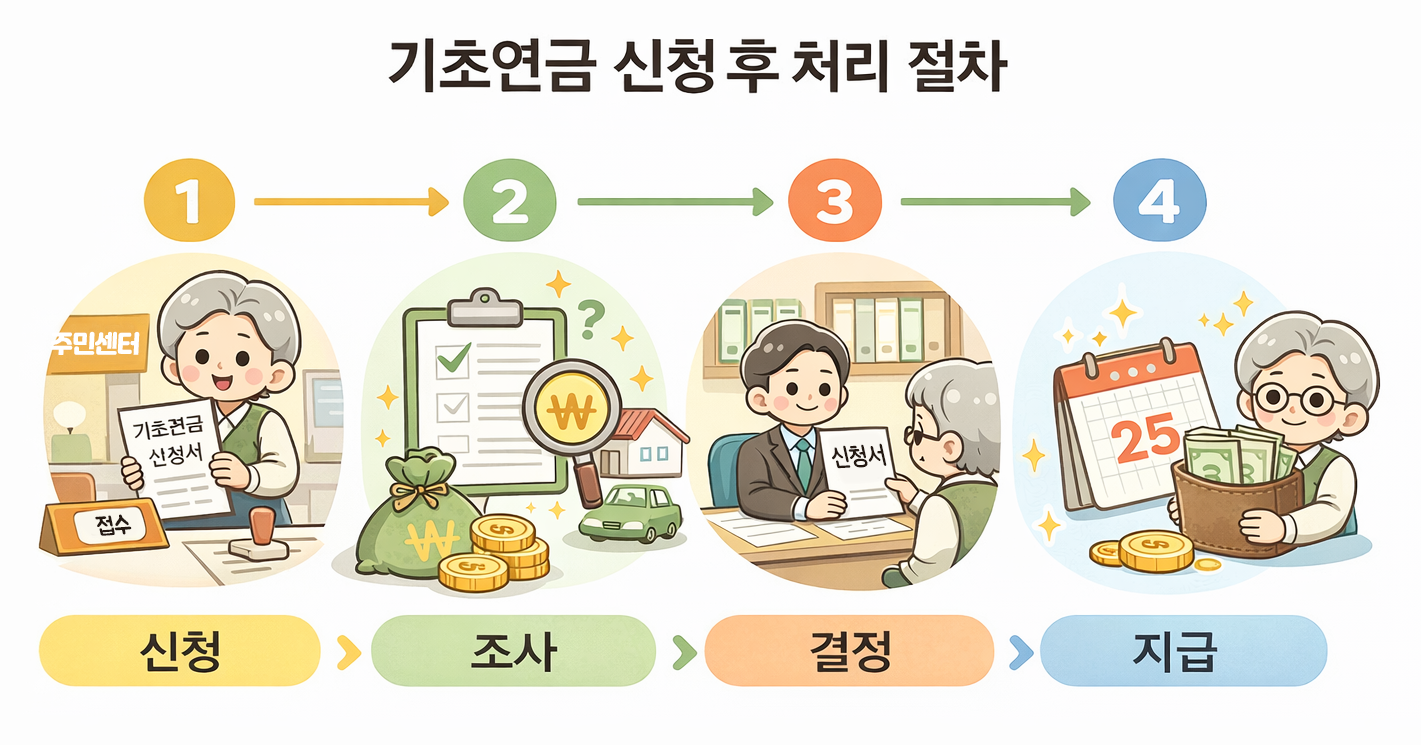 기초연금 신청 후 처리 절차 신청 조사 결정 지급 과정 설명 이미지