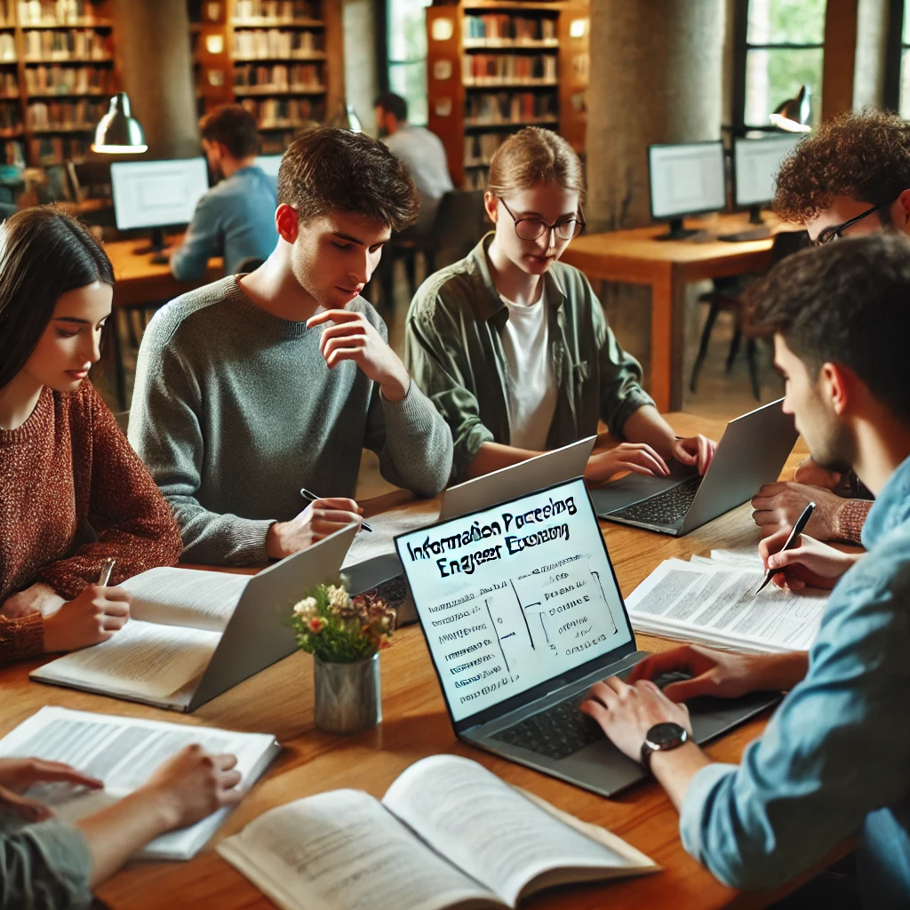도서관에서 스터디 그룹이 정보처리기사 시험 문제를 함께 풀며 노트와 노트북을 활용해 답안을 논의하는 모습