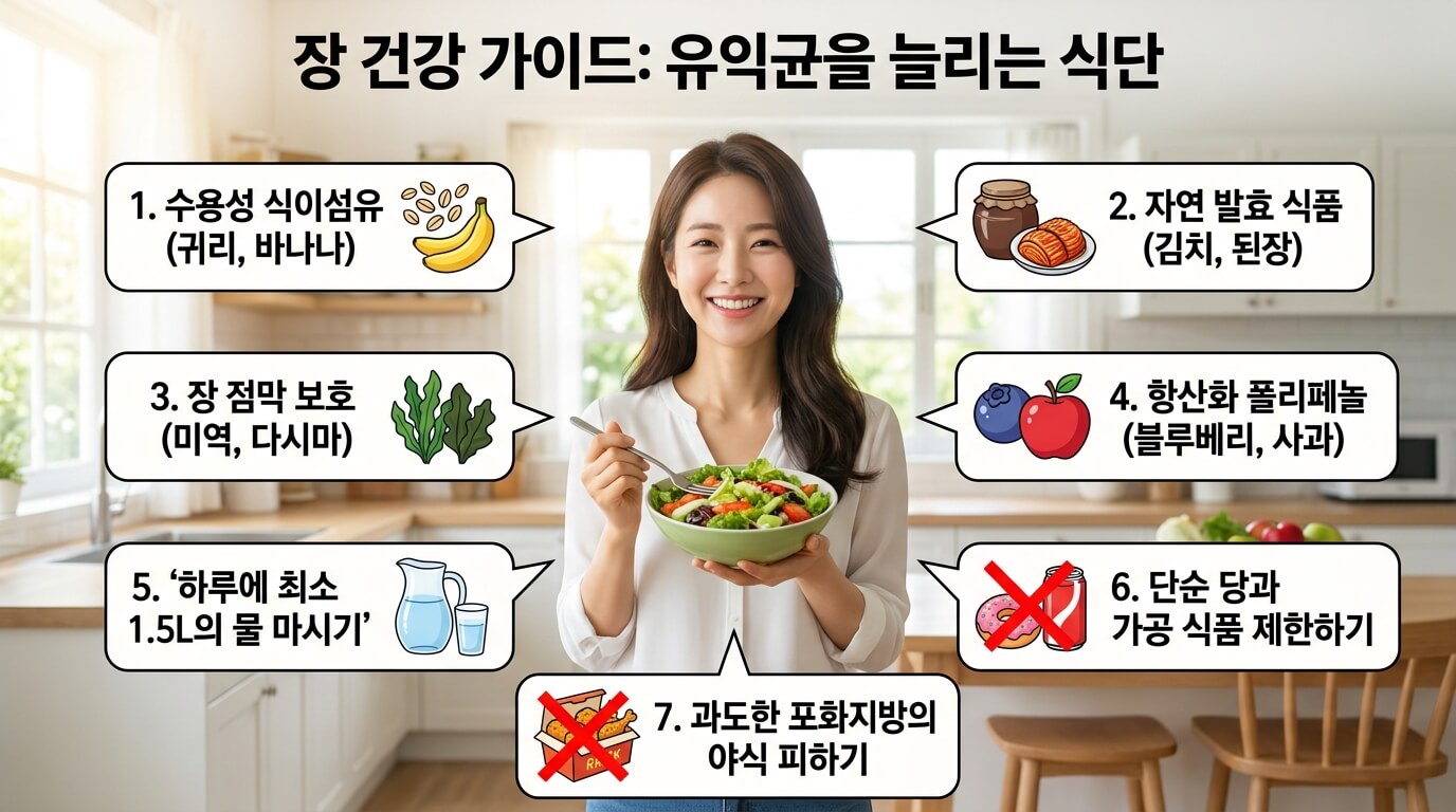면역력 높이고 장 건강 살리는 유익균 늘리는 식단 요약 이미지