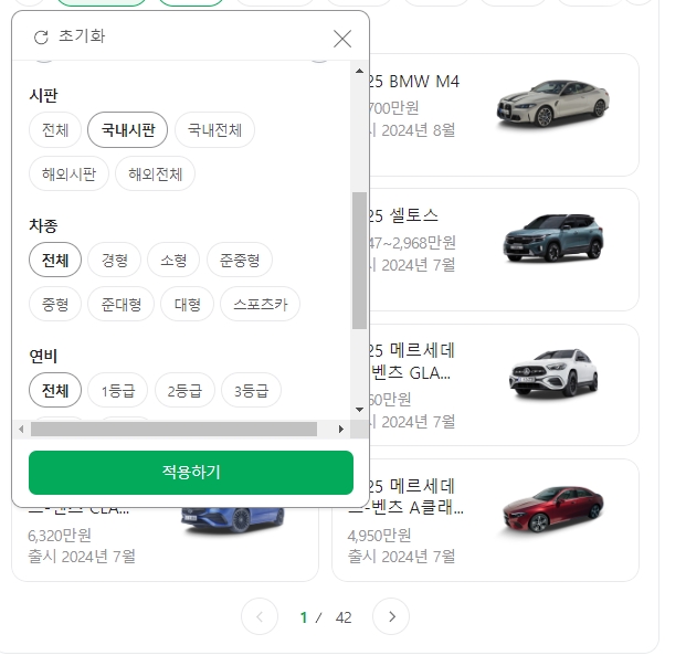 국내 시판 여부 및 연료 타입을 고르는 세부 옵션창