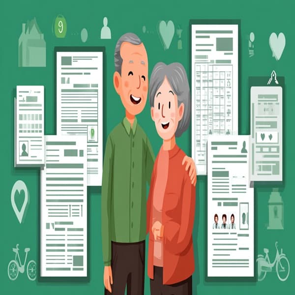 각종 연금 수령을 받고 함께 웃고 있는 노부부 이미지