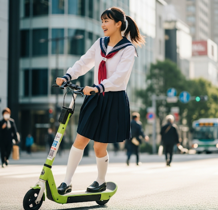교복을 입고 안전장비없이 공유 킥보드를 타는 청소년의 위험한 모습