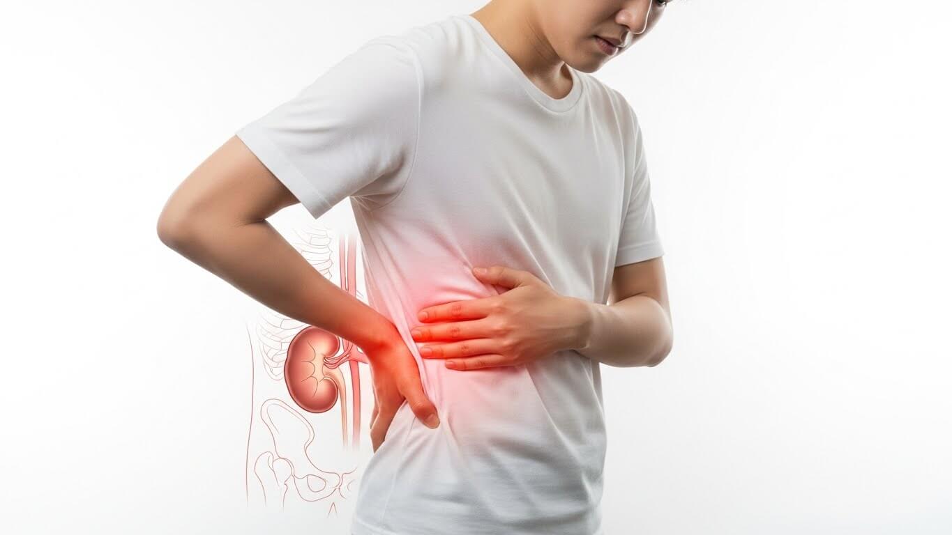 왼쪽 옆구리 통증을 호소하는 사람과 신장&middot;췌장 위치를 연결해 원인을 설명하는 의학 인포그래픽 이미지
