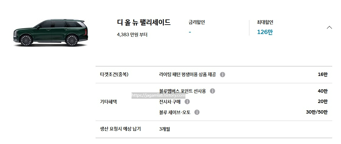 25년 8월 디 올 뉴 팰리세이드 라이팅 패턴 평생 이용, 블루멤버스 포인트 선사용, 전시차 구매, 블루 세이브오토 구매 혜택