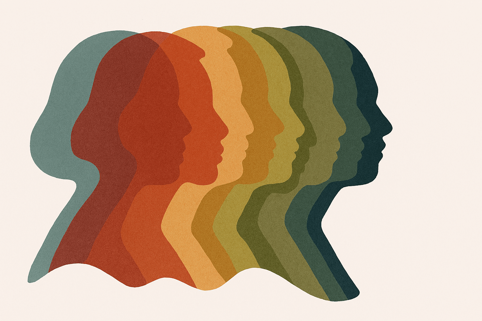 alt: 여러 개의 실루엣이 하나로 겹쳐지는 추상적 이미지