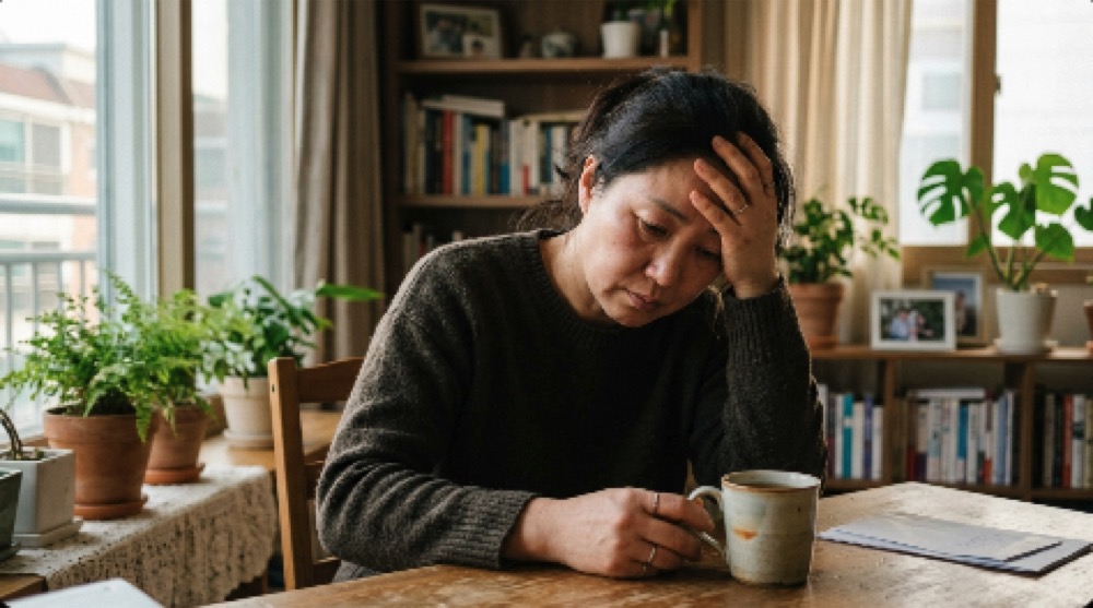 몸이 붓고 지친 표정으로 앉아 있는 중년 인물