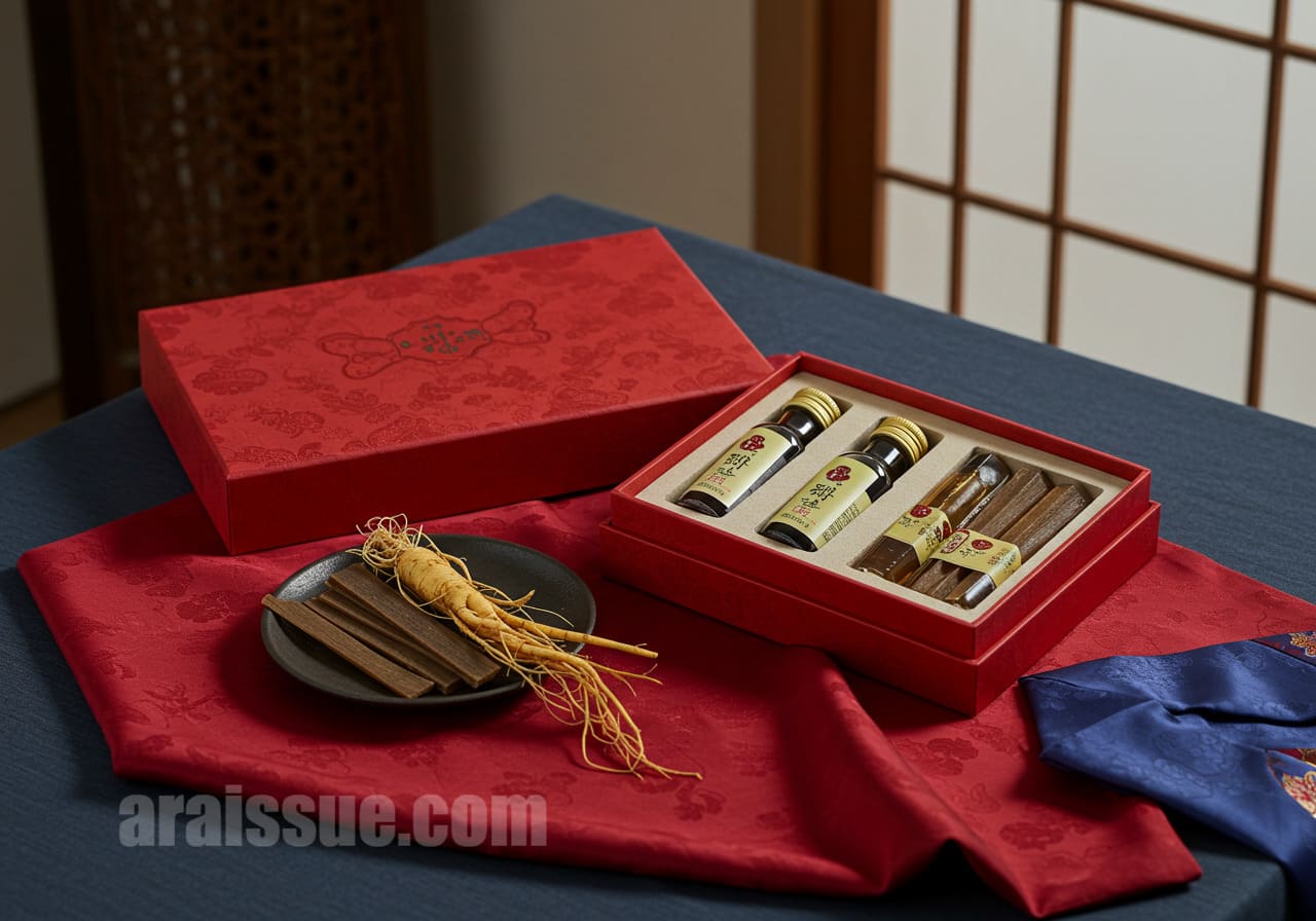 탁자 위 빨간 보자기 위에 반쯤 열린 홍삼 선물상자와 안에 보이는 홍삼 스틱과 병
