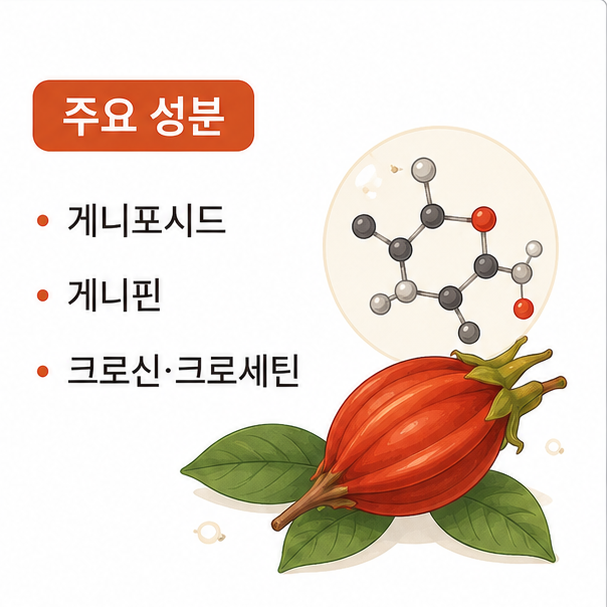 게니포시드, 게니핀, 크로신과 크로세틴 등 치자열매의 주요 성분을 정리한 이미지