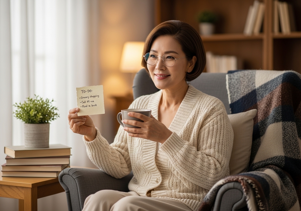 50대 여자 티 한 잔과 할 일 메모 읽는 모습