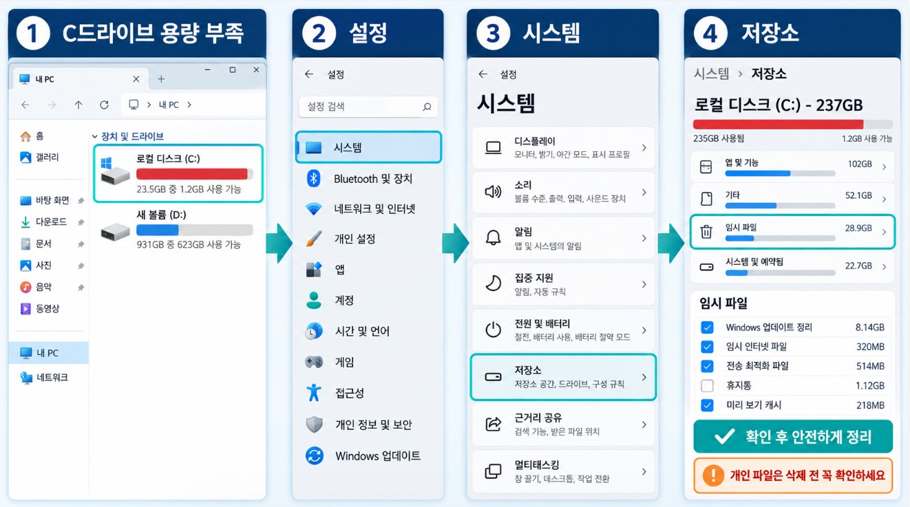 C드라이브 부족 &rarr; 설정 &rarr; 시스템 &rarr; 저장소 &rarr; 안전하게 정리
