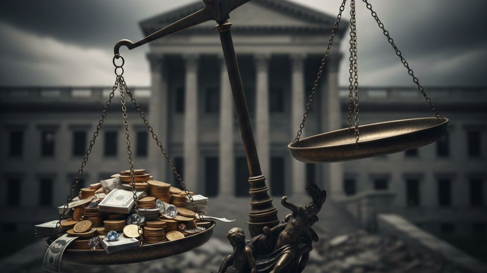 한쪽에는 돈이 쌓여 있고 다른 쪽은 비어 있어 한 방향으로 기울어진 저울, 판단의 균형이 무너진 상태를 상징하는 장면
