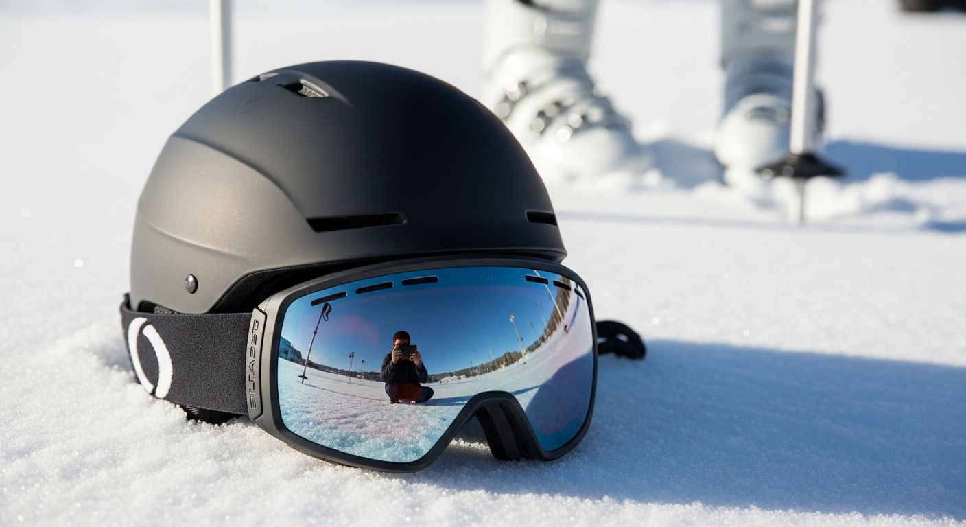 눈 위에 놓인 스키 헬멧과 고글. 안전한 스키를 위한 필수 장비 착용의 중요성을 나타냅니다.