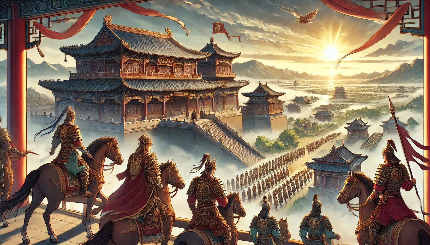 도성안에서 장수들과 병사들이 해돋이를 보고 있는 애니스타일 이미지