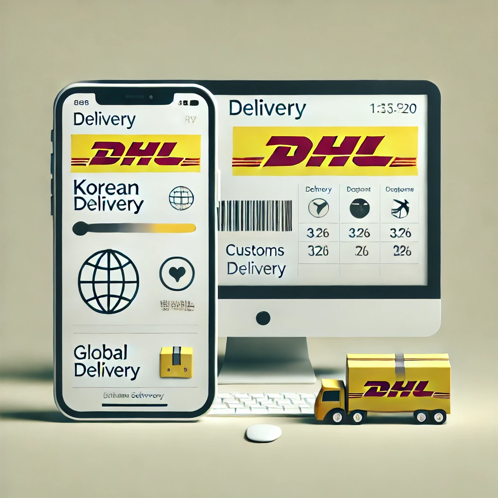 DHL 배송조회 화면과 국제택배 추적을 상징하는 스마트폰과 컴퓨터 일러스트