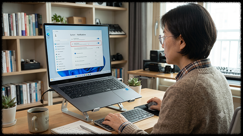 Windows 11 방해 금지 설정 때문에 알림이 표시되지 않는지 확인하는 모습