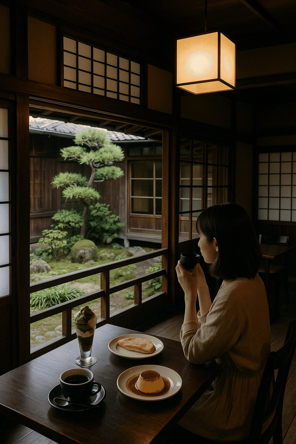 전통 일본식 카페에서 젊은 여성이 말차 파르페와 푸딩을 곁들여 조용히 차를 마시며 정원을 바라보는 장면