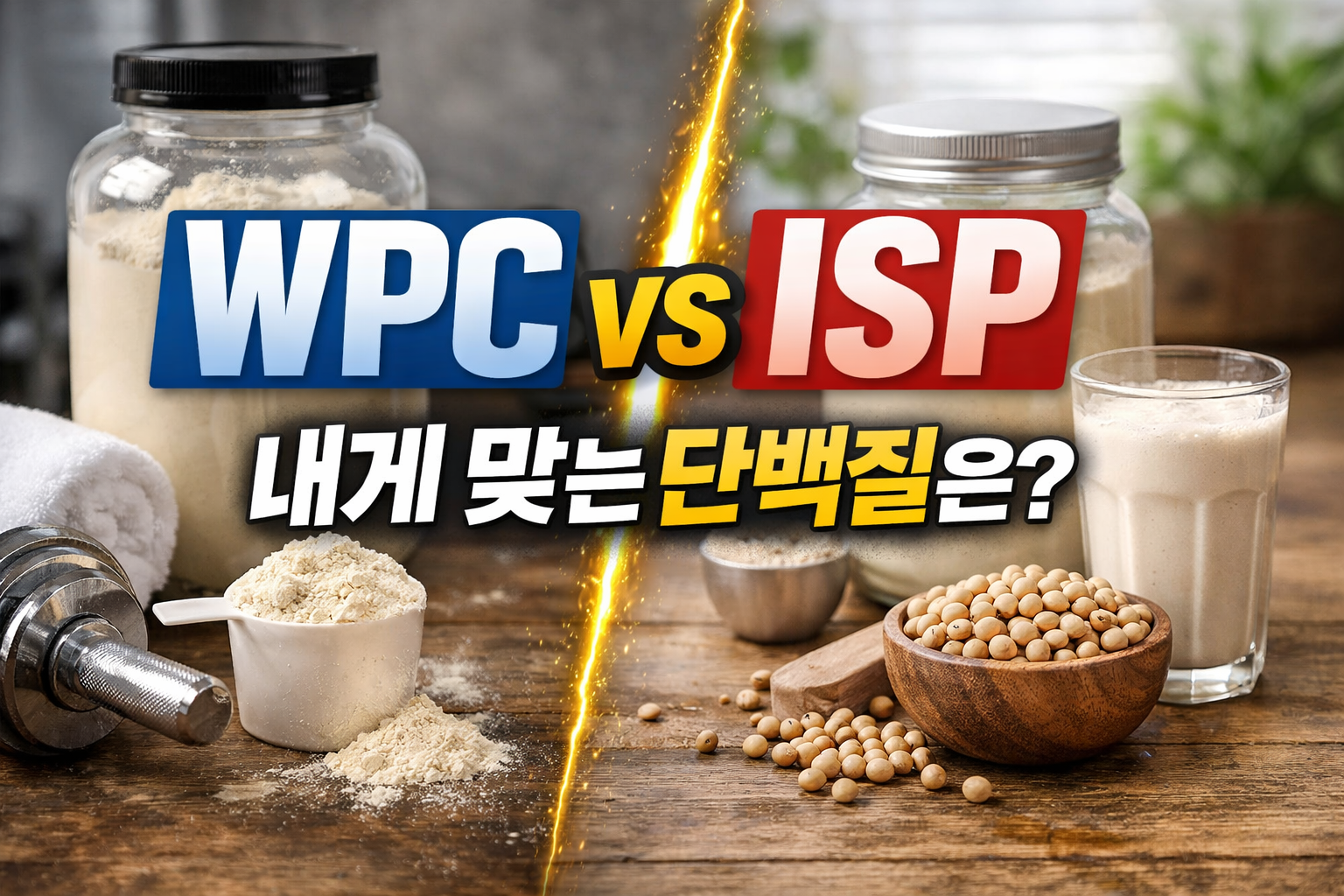 테이블 위 단백질 분말과 대두가 놓인 장면을 좌우로 나눠 &ldquo;WPC vs ISP 내게 맞는 단백질은?&rdquo; 문구가 들어간 비교 썸네일 이미지