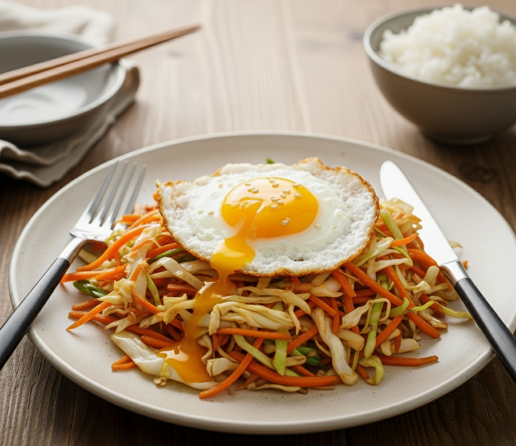 양배추당근볶음과 계란 후라이