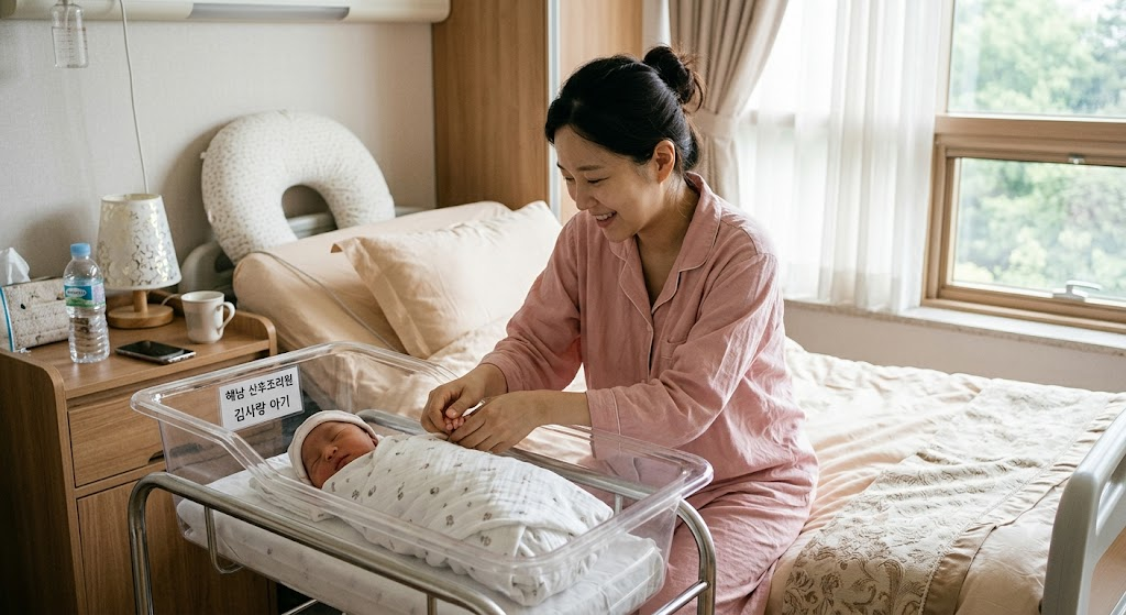산후조리원에서 아기랑 함께 있는 사진