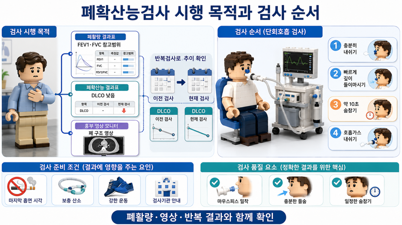 폐확산능검사 시행 목적과 단회호흡 검사 순서를 단계별로 보여주는 의료 일러스트